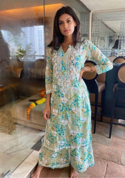 Ruby Mulmul Chikankari Printed 2 PC Long Kurta Set - Sky Blue