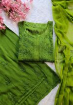 Palak Chikankari Rayon Long Kurti Set with Dupatta - Matcha Green - Image 5
