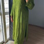 Palak Chikankari Rayon Long Kurti Set with Dupatta - Matcha Green