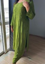 Palak Chikankari Rayon Long Kurti Set with Dupatta - Matcha Green - Image 6