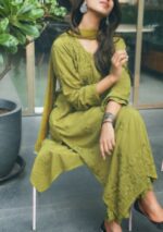 Palak Chikankari Rayon Long Kurti Set with Dupatta - Matcha Green