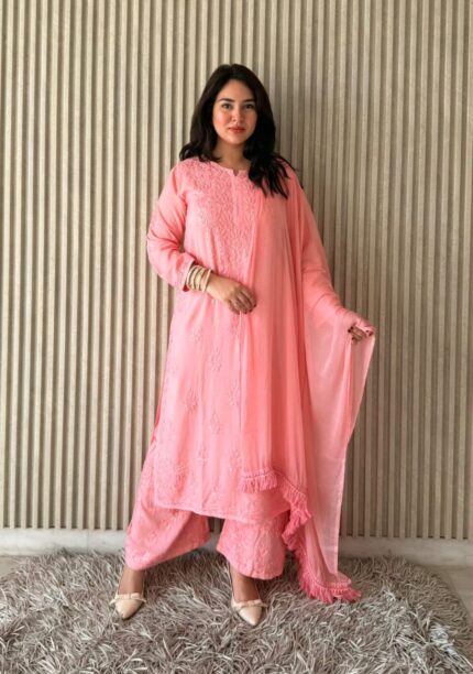 Palak Chikankari Rayon Long Kurti Set with Dupatta - Peach