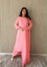 Palak Chikankari Rayon Long Kurti Set with Dupatta - Peach - Image 2