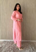 Palak Chikankari Rayon Long Kurti Set with Dupatta - Peach - Image 5