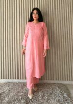 Palak Chikankari Rayon Long Kurti Set with Dupatta - Peach - Image 6