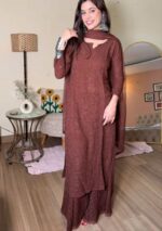 Dia Viscose Resham Jaal Chikankari 3pc Set- Brown - Image 3