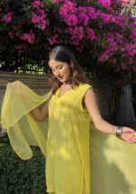 Farshi Shalwar Modal Chikankari 3pc Suit- Yellow - Image 5