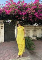 Farshi Shalwar Modal Chikankari 3pc Suit- Yellow - Image 3