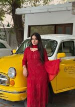 Nikhat Viscose Chikankari and Mukesh Work 3pc Set- Red Maroon - Image 2