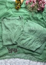 Farshi Shalwar Sleevless Modal Chikankari 3pc Suit- Sage Green - Image 5