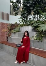 Nikhat Viscose Chikankari and Mukesh Work 3pc Set- Dark Red - Image 10