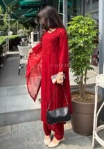 Nikhat Viscose Chikankari and Mukesh Work 3pc Set- Dark Red - Image 11