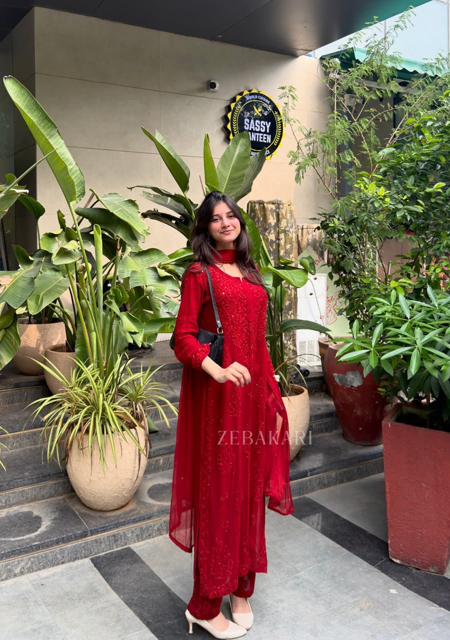 2026/05/1002182691.jpg Nikhat Viscose Chikankari and Mukesh Work 3pc Set- Dark Red - Image 1