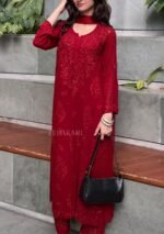 Nikhat Viscose Chikankari and Mukesh Work 3pc Set- Dark Red - Image 8