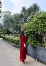 Nikhat Viscose Chikankari and Mukesh Work 3pc Set- Dark Red - Image 6