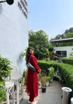 Nikhat Viscose Chikankari and Mukesh Work 3pc Set- Dark Red - Image 9