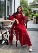 Nikhat Viscose Chikankari and Mukesh Work 3pc Set- Dark Red - Image 3