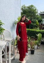 Nikhat Viscose Chikankari and Mukesh Work 3pc Set- Dark Red - Image 5