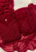 Nikhat Viscose Chikankari and Mukesh Work 3pc Set- Dark Red - Image 2