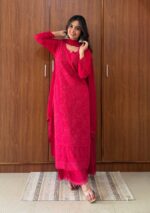 Dia Viscose Resham Jaal Chikankari Mukesh Work 3pc Set- Hot Pink
