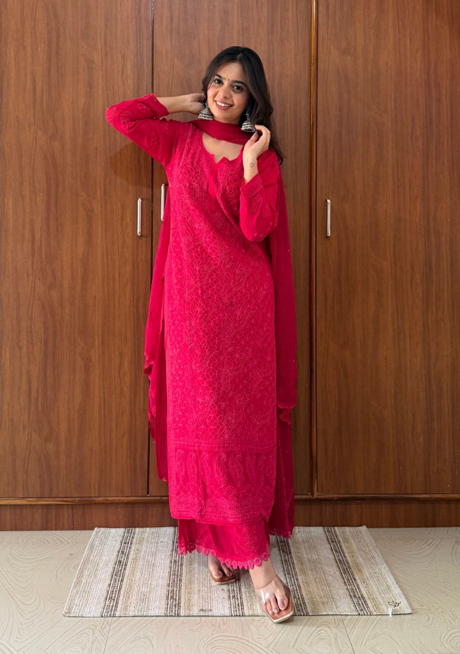 10_20260520_202706_0009 Dia Viscose Resham Jaal Chikankari Mukesh Work 3pc Set- Hot Pink - Image 1