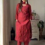 Nikhat Viscose Chikankari and Mukesh Work 3pc Set- Rust Maroon