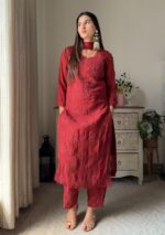 Nikhat Viscose Chikankari and Mukesh Work 3pc Set- Rust Maroon