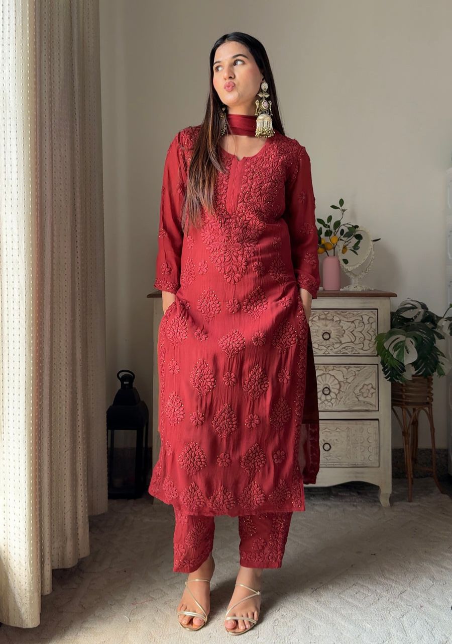 11_20260516_124407_0010 Nikhat Viscose Chikankari and Mukesh Work 3pc Set- Rust Maroon - Image 1
