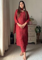 Nikhat Viscose Chikankari and Mukesh Work 3pc Set- Rust Maroon - Image 2