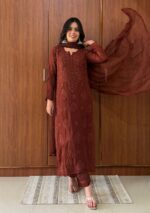 Nikhat Viscose Chikankari and Mukesh Work 3pc Set- Brown - Image 2