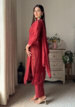 Nikhat Viscose Chikankari and Mukesh Work 3pc Set- Rust Maroon - Image 3