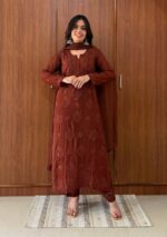 Nikhat Viscose Chikankari and Mukesh Work 3pc Set- Brown - Image 6