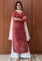 Nikhat Premium Viscose Chikankari Long Kurti -Brown