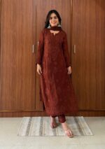 Nikhat Viscose Chikankari and Mukesh Work 3pc Set- Brown - Image 3