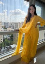 Dia Viscose Resham Jaal Chikankari and Mukesh Work 3pc Set- Yellow - Image 2