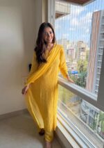 Dia Viscose Resham Jaal Chikankari and Mukesh Work 3pc Set- Yellow - Image 3