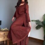 Dia Viscose Resham Jaal Chikankari 3pc Set- Brown