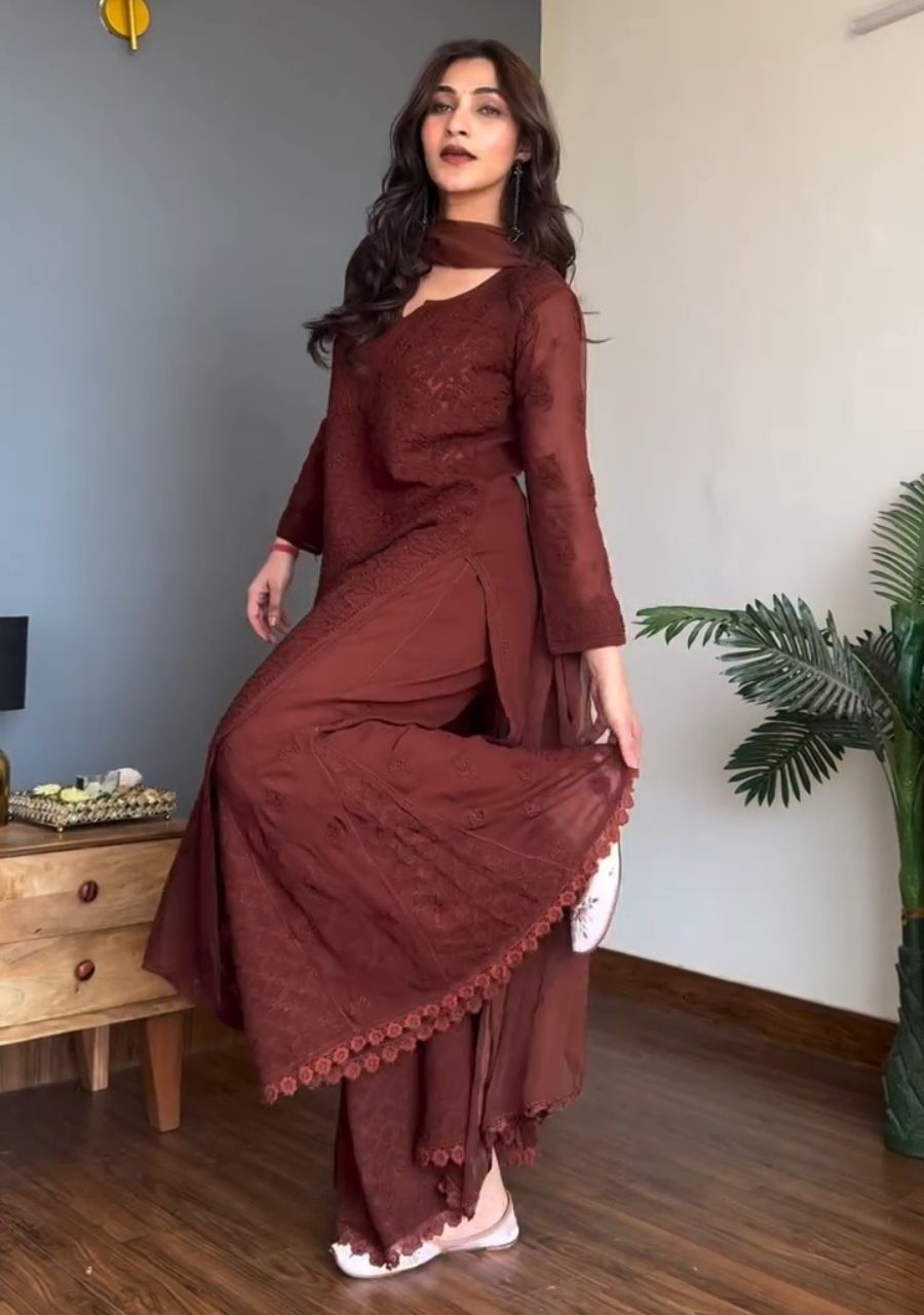 18_20260520_202706_0017 Dia Viscose Resham Jaal Chikankari 3pc Set- Brown - Image 1