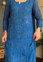 Nikhat Viscose Chikankari and Mukesh Work 3pc Set- Royal blue - Image 6