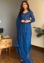 Nikhat Viscose Chikankari and Mukesh Work 3pc Set- Royal blue - Image 7