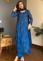 Nikhat Viscose Chikankari and Mukesh Work 3pc Set- Royal blue - Image 8