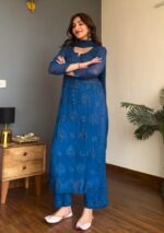Nikhat Viscose Chikankari and Mukesh Work 3pc Set- Royal blue - Image 9