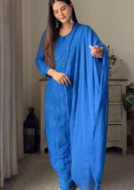 Nikhat Viscose Chikankari and Mukesh Work 3pc Set- Royal blue - Image 2