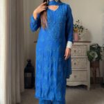 Nikhat Viscose Chikankari and Mukesh Work 3pc Set- Royal blue