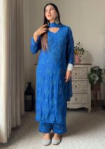 Nikhat Viscose Chikankari and Mukesh Work 3pc Set- Royal blue
