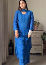 Nikhat Viscose Chikankari and Mukesh Work 3pc Set- Royal blue - Image 3