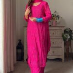 Nikhat Viscose Chikankari and Mukesh Work 3pc Set- Hot pink