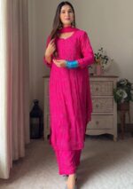 Nikhat Viscose Chikankari and Mukesh Work 3pc Set- Hot pink