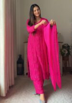 Nikhat Viscose Chikankari and Mukesh Work 3pc Set- Hot pink - Image 2