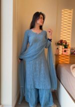 Dia Viscose Resham Jaal Chikankari 3pc Set- Sky Blue - Image 4